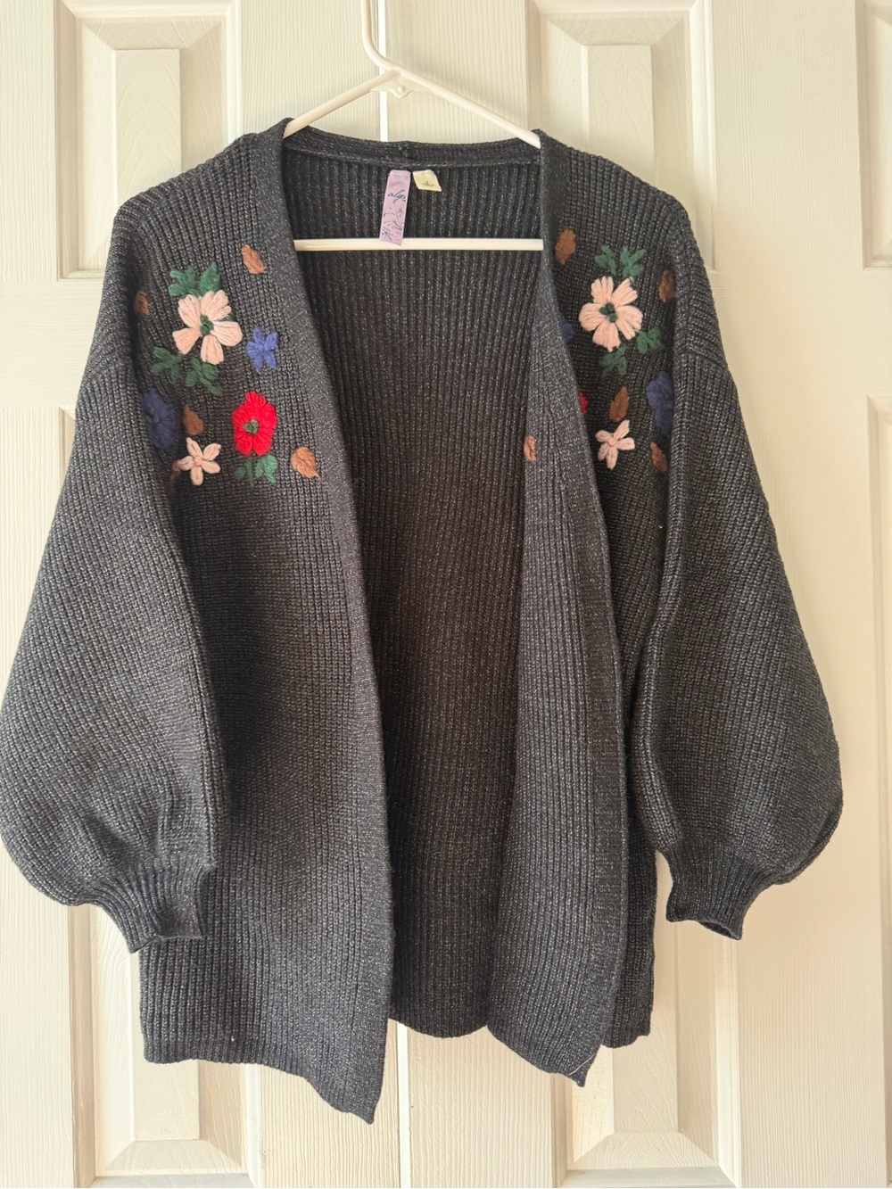 Alya Charcoal Open-Front Cardigan with Multicolor Floral Embroidery